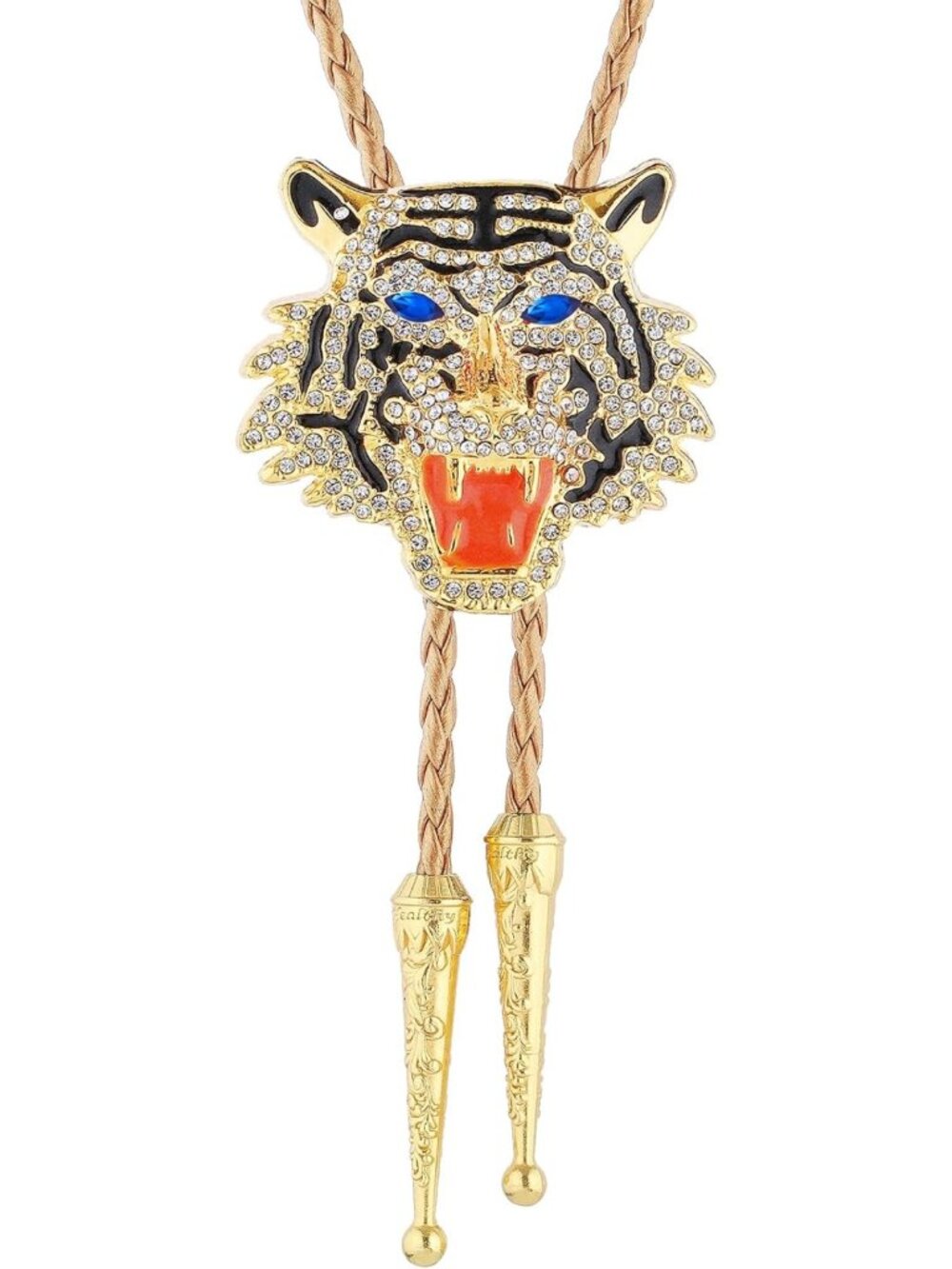 Stylish Men's Western Bolo Tie with Tiger Head & Rhinestone Accents, Cowboy